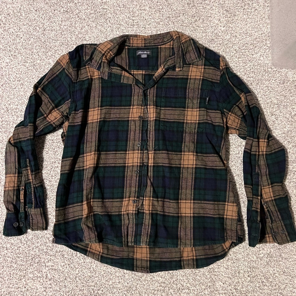 Eddie Bauer Women's Plaid Button-Down Shirt - Green and Tan